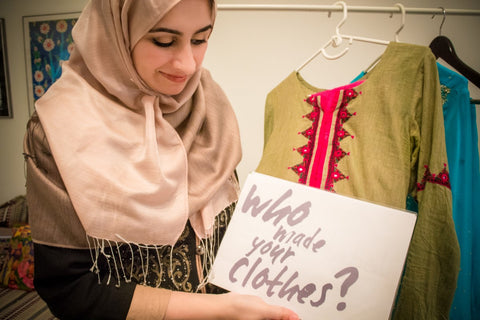 This green embroidered kurta long blouse was hand embroidered by Haseena worn during The Six Items Challenge with Labour Behind The Label - Sabeena Ahmed