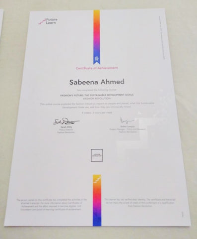 Certificate, Future Learn MOOC Fashion's Future and the Sustainable Development Goals - Sabeena Ahmed