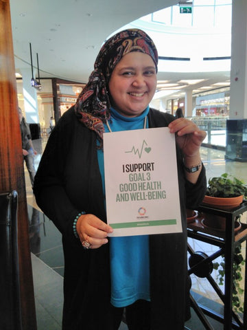 Lamya Tawfiq supporting global goal 3 good health and well-being Anti Poverty Week Dubai UAE by the Lilfairtrade Shop