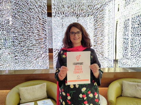 Sajidah Ali supporting global goal 5 gender equality Anti Poverty Week Dubai UAE with the Lilfairtrade Shop