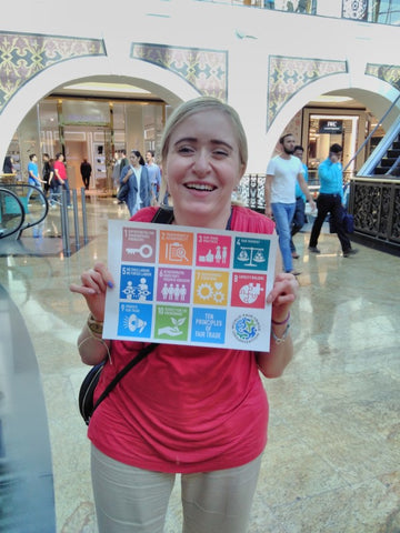 Jo supporting the WFTO's 10 principles of Fair Trade, Dubai, UAE
