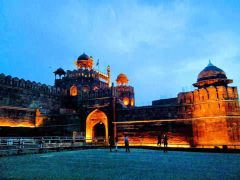 The Lal Qilla Red Fort Dehli, from afar at sunset visited April 2019