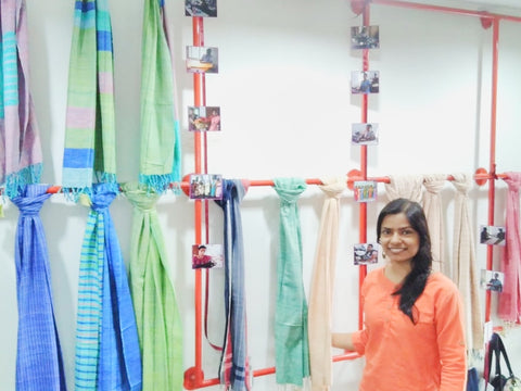 Fairtrade Travels visit to M.E.S.H Dehli India, the lovely Tina modelling handwoven scarves April 2019