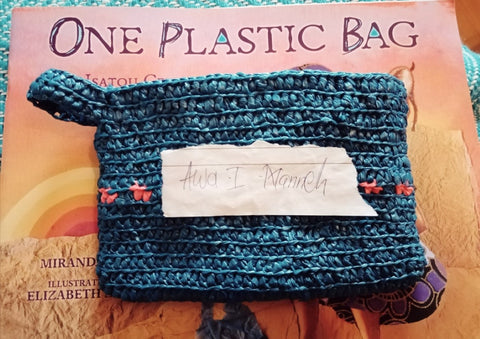 The Little Fair Trade Blog, Day 1 Plastic Free July 2021, recycled plastic bag purse made my Awa I Manneh and the Recycling Women of Gambia, with Sabeena Z Ahmed