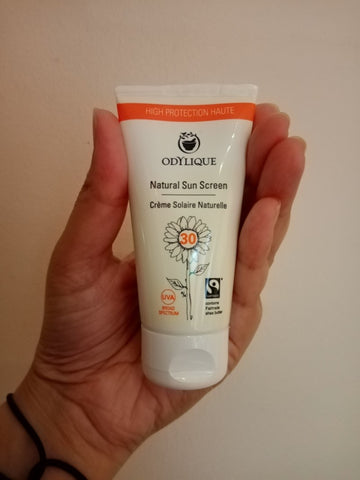 The Little Fair Trade Blog, Plastic Free July 2021, Odylique sunscreen with fairtrade shea butter in totally recyclable packaging, with Sabeena Ahmed