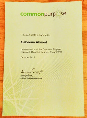 Sabeena Ahmed's Common Purpose certificate - Pakistani Diaspora Leaders Programme, London, UK,  October 2019