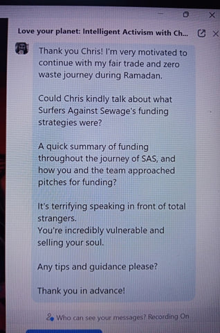 Zoom webinar with Chris Hines MBE organised by the School for Social Entrepreneurs Climate Action Group February 2024 pic 5 with Sabeena Z Ahmed