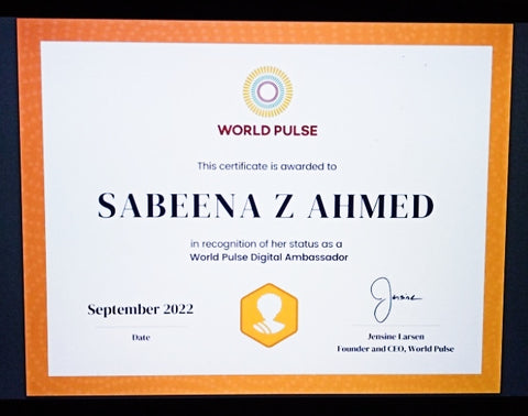 World Pulse 2022 Digital Ambassador Certificate - Sabeena Z Ahmed