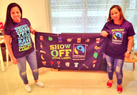 Leah and Glenda - Showing off their fairtrade label during fairtrade fortnight 2018 Dubai UAE