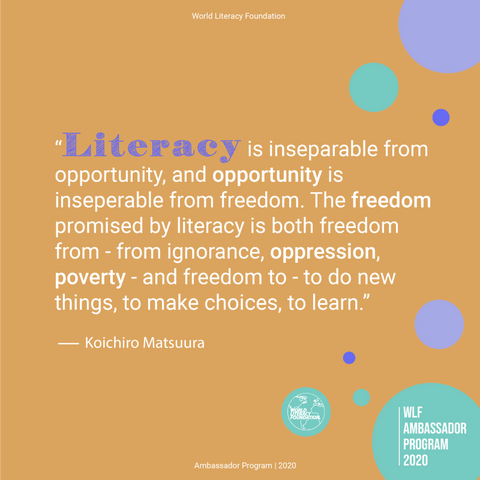 Literacy is Freedom poster - World Literacy Foundation Ambassador Program 2020 with Sabeena Ahmed