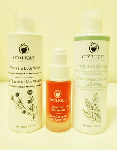 Odylique Gentle Herb Shampoo, Aloe Vera Shower Gel and Superfruit Concentrate Serum - Sabeena Ahmed and The Little Fair Trade Shop