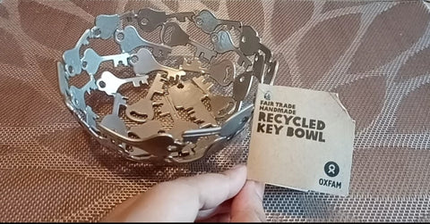 The Little Fair Trade Blog, Plastic Free July 21, WFTO member Noah's Ark Int and their recyclable key bowl with Sabeena Z Ahmed