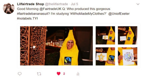 The Lilfairtrade Tweet to the Fairtrade Foundation about my fair trade banana suit - Sabeena Ahmed