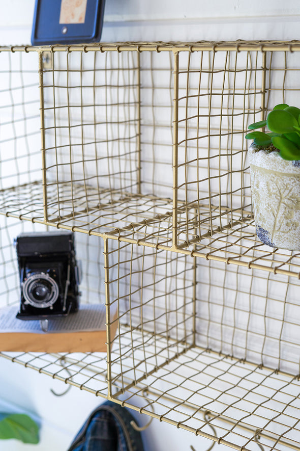 Five Cubbie Wire Wall Shelf With Hooks