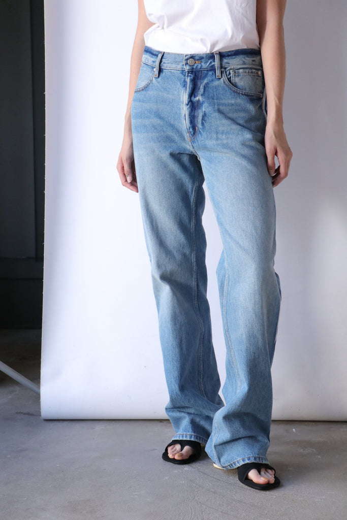 Ganni Heavy Denim Wide Drawstring Jeans in Light Blue Stone