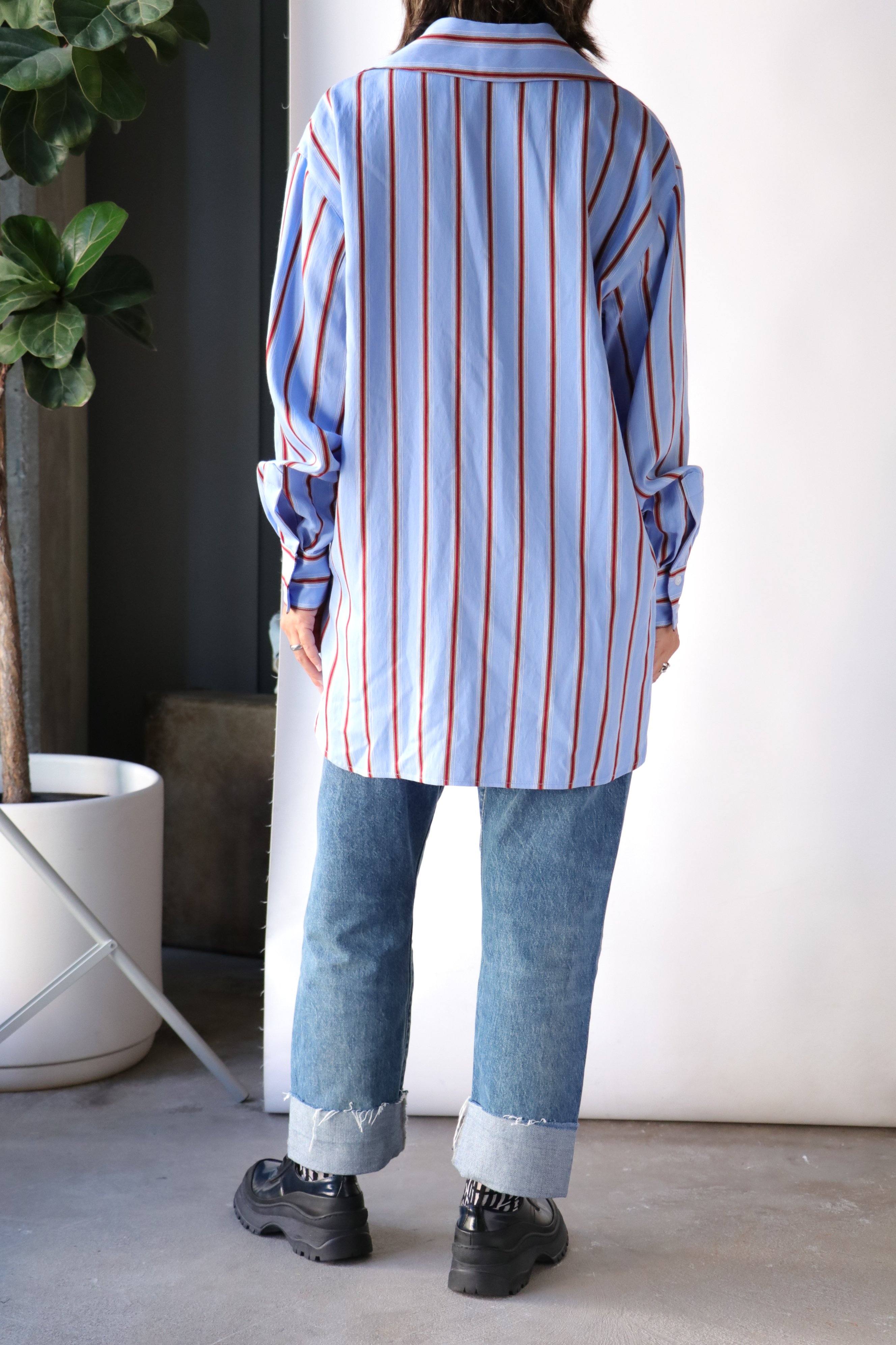 Smythe Over The Head Shirt in French Blue/Burgundy Stripe