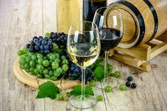 Glasses of red and white wine next to green and purple grapes near a wine cask.