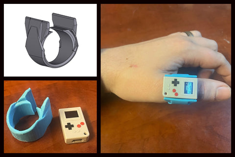 Three images tiled together to show the 3D design model of the ring, the 3D printed ring next to a Thumby, and a person's hand wearing the ring with the Thumby snapped into it