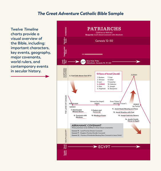 Un ejemplo de uno de los doce gráficos de la línea de tiempo de la Biblia católica Great Adventure de Jeff Cavins y Ascension. Este gráfico de línea de tiempo presenta el período llamado los Patriarcas y está impreso en rojo.