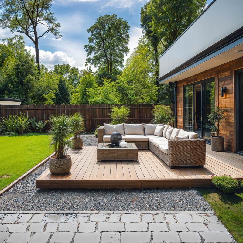 floating deck in landscaped yard