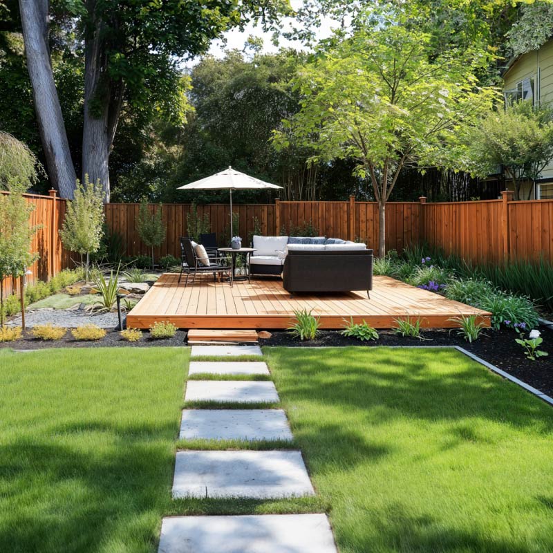 floating deck in landscaped yard