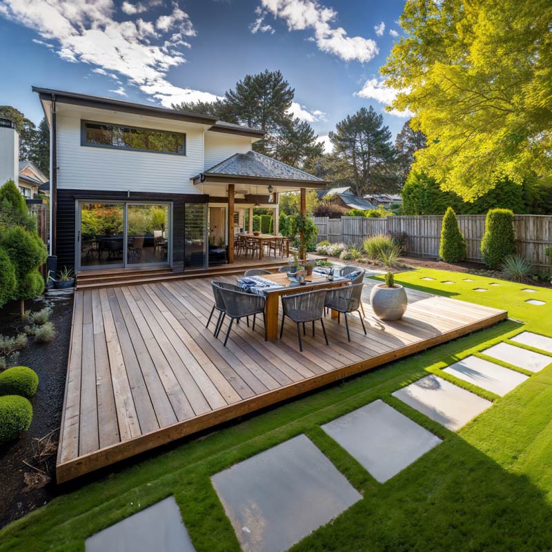 floating deck in landscaped yard