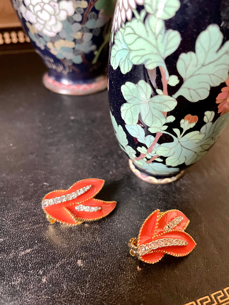 Vintage coral rhinestones leaf design clip on earrings