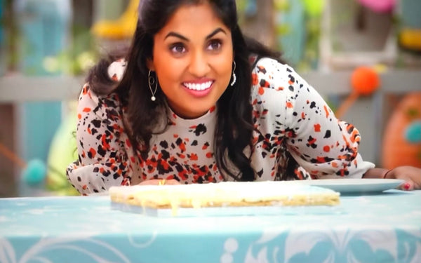 ravneet gill wears our glance and whisper pearl earrings from The Bias Cut on Junior Bake Off 
