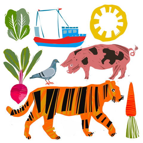 Animals-boat-sun-tiger-illustration-Emma Evans-freke