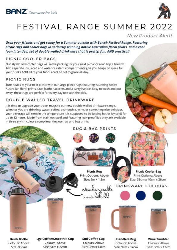 Banz travel cups, earmuffs and healthy foods feature with a picnic blanket and cooler bag