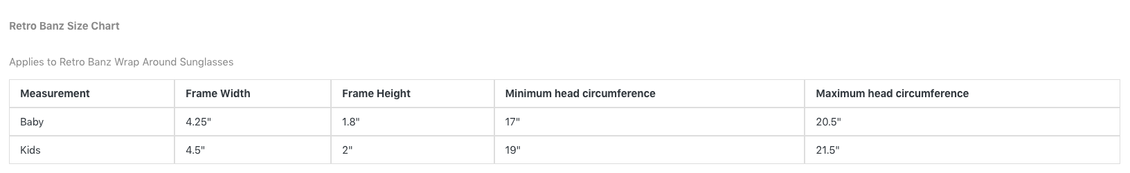 Baby Banz Size Chart