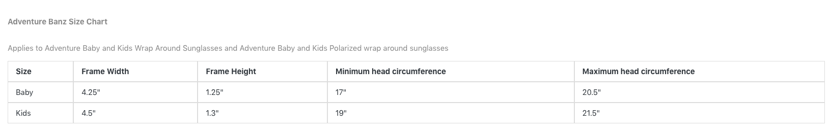 Adventure Banz Size Chart