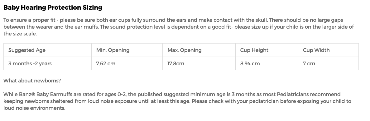 Baby Hearing Protection Size Chart