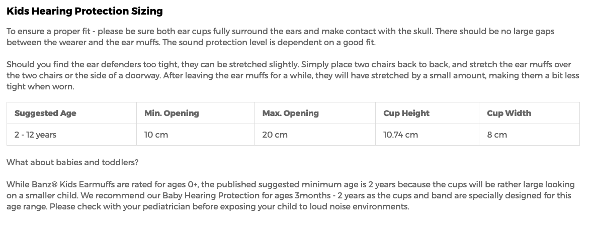 Tabela de tamanhos de proteção auditiva infantil