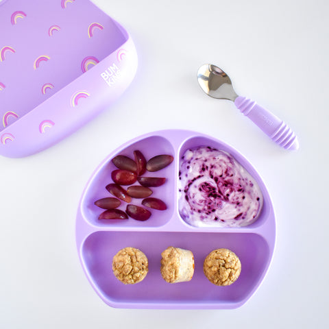 banana pancake bites in a toddler plate 