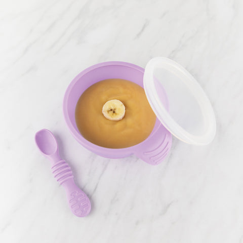 baby first feeding set with silicone bowl, lid, and spoon