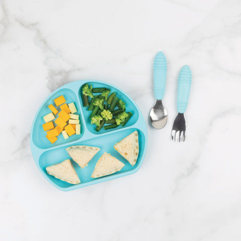 3-section blue toddler plate with blw food