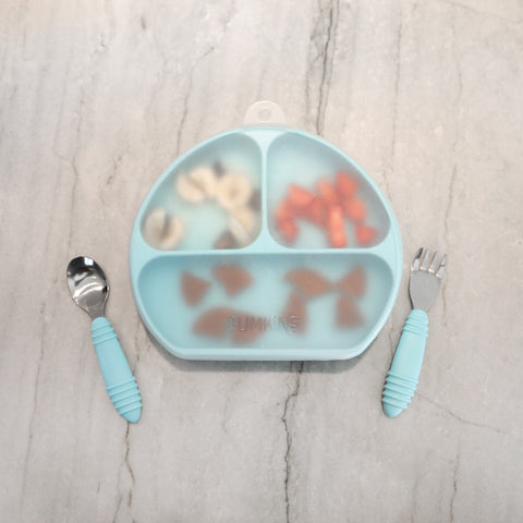 blue divided suction plate with lid and utensils 