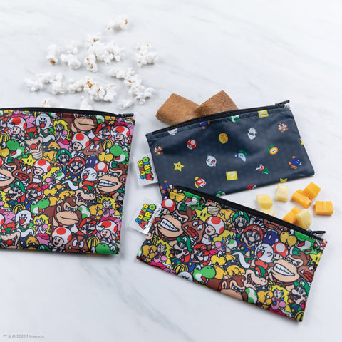 super mario reusable bags with snacks in them