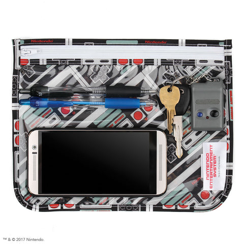 clear tsa travel bags with nintendo print with phone and keys inside