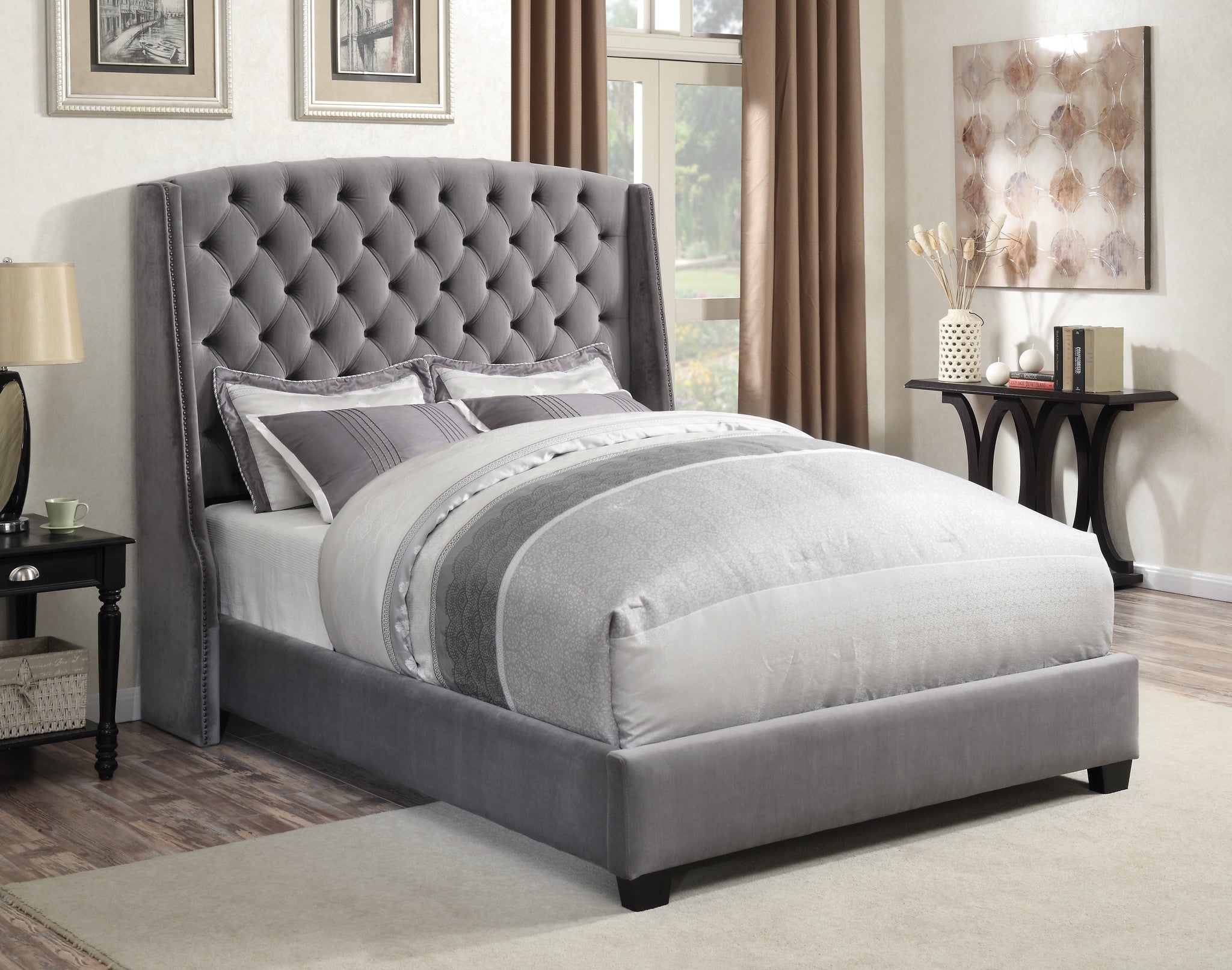 grey upholstered bed with footboard