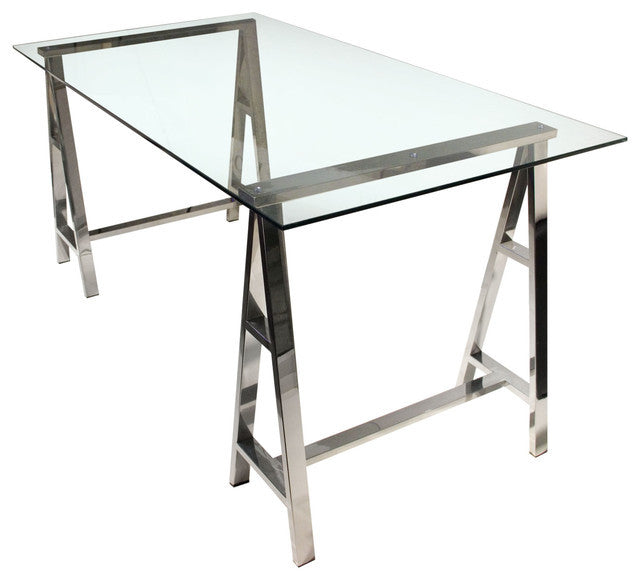 Desk With Clear Tempered Glass Top Stainless Steel Interior