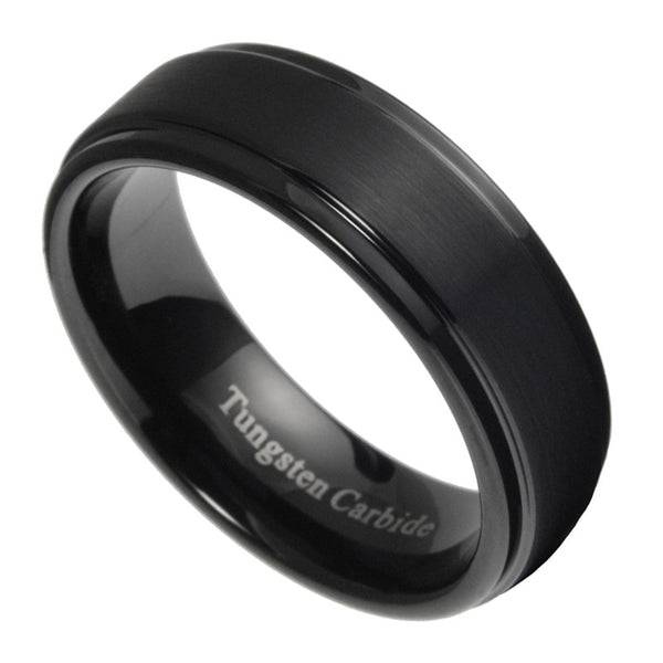 7mm Tungsten Carbide Mens Brushed Stepped Edges Black ...