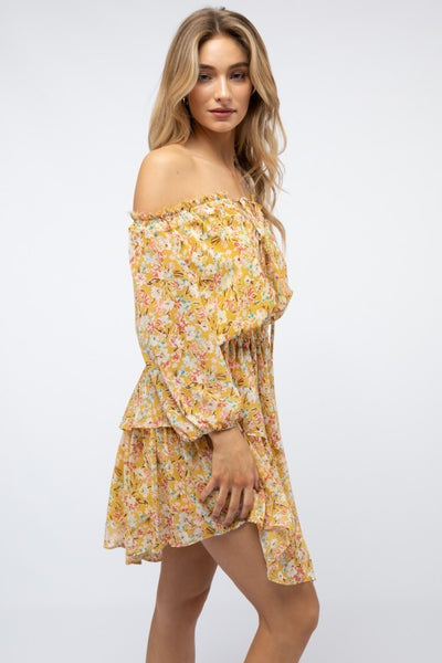 Mustard floral . smocked . layered . 3/4 sleeve mini dress . LINED!
