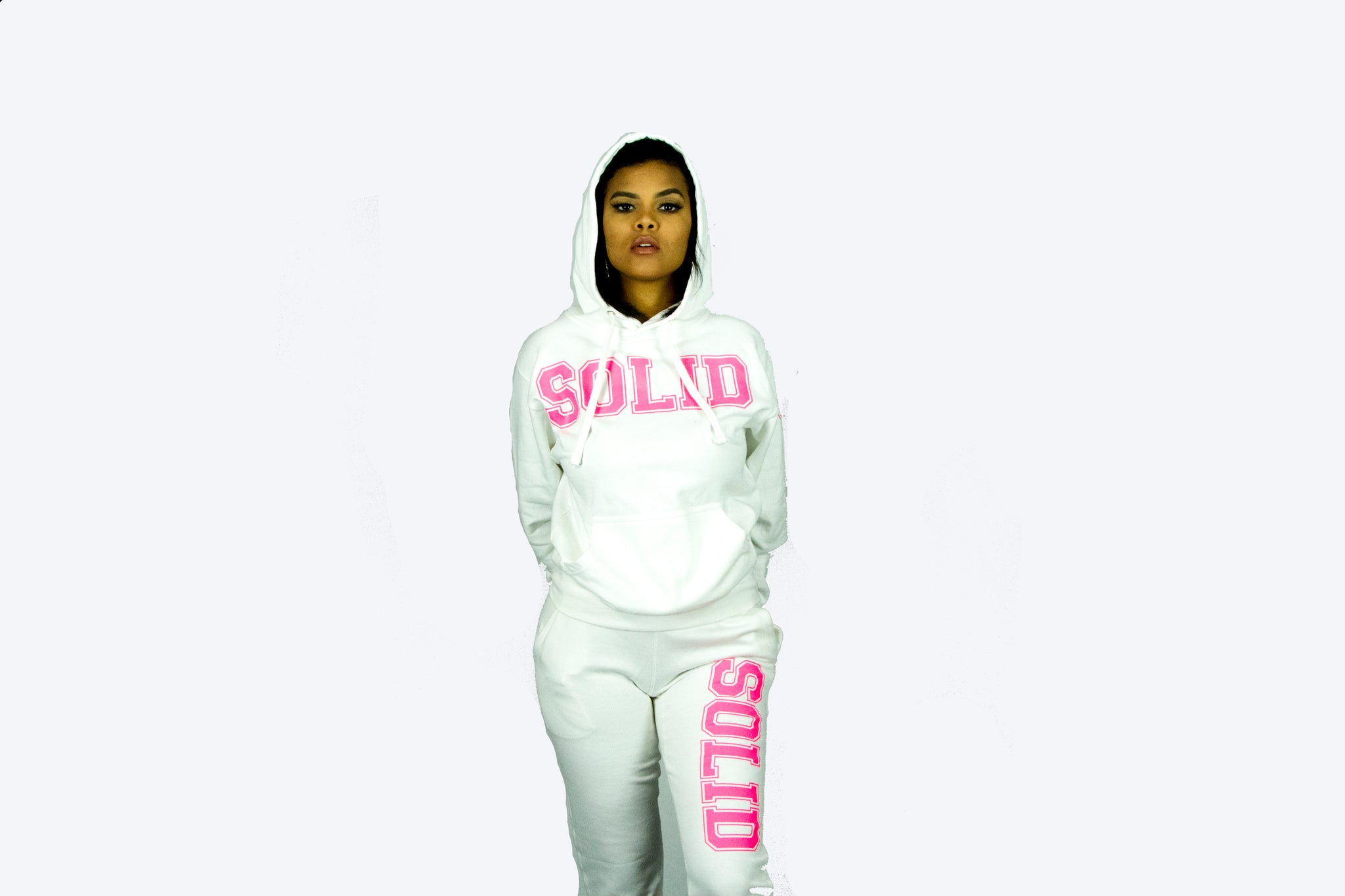 pink and white sweatsuit