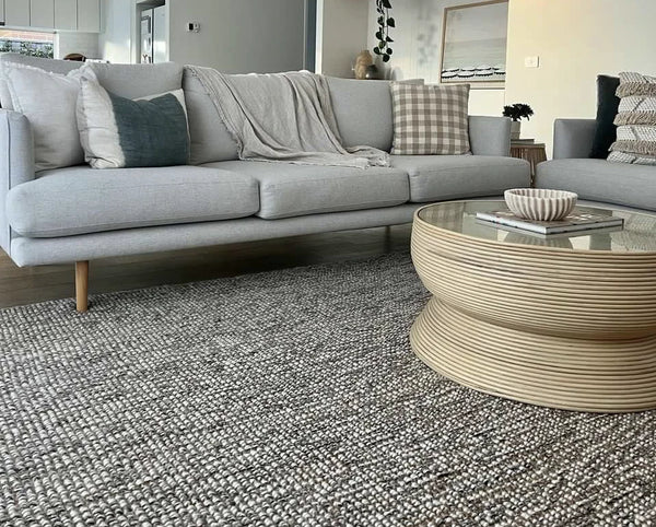 Arabella Grey Wool and Jute Rug in living room