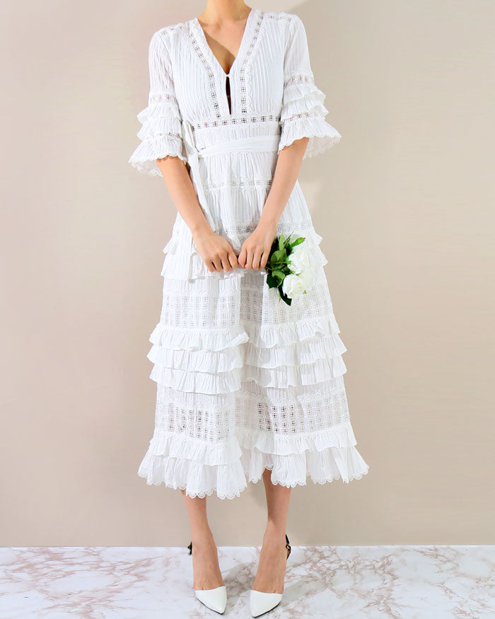 white layered ruffle dress