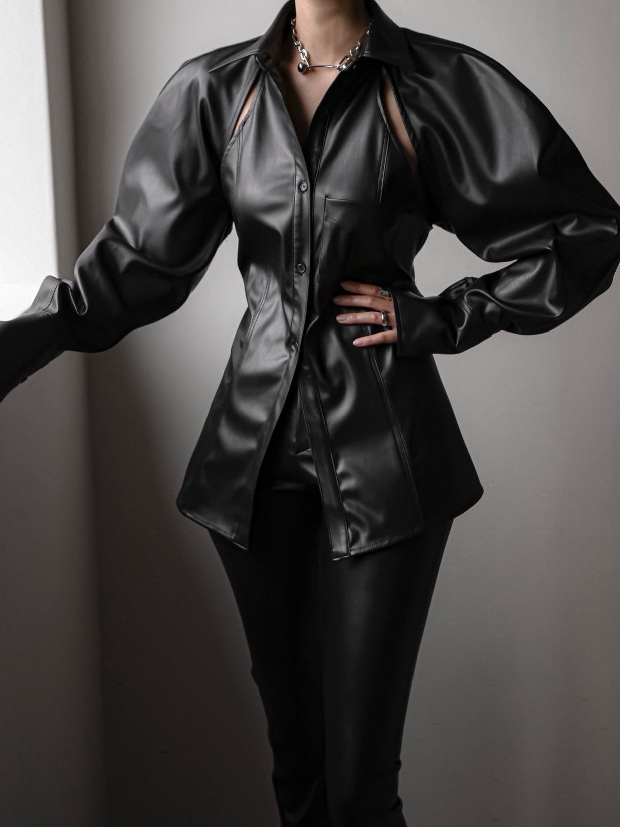 VEGAN LEATHER CUT-OUT DETAIL SHIRT – MINUSEY