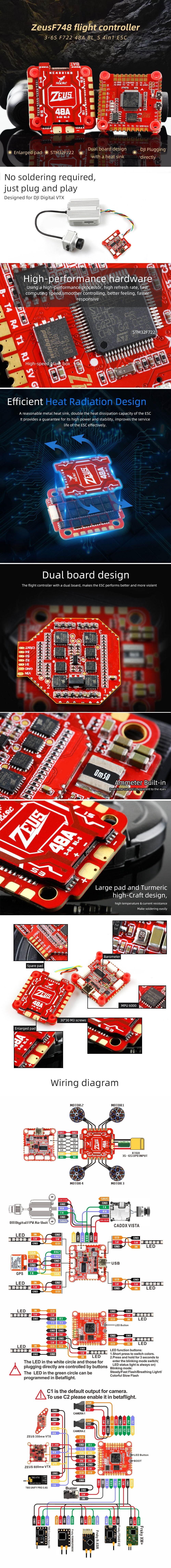 HGLRC Zeus F748 Stack - F722 Flight Controller and 48A BL_S ESC Features and Wiring Diagram