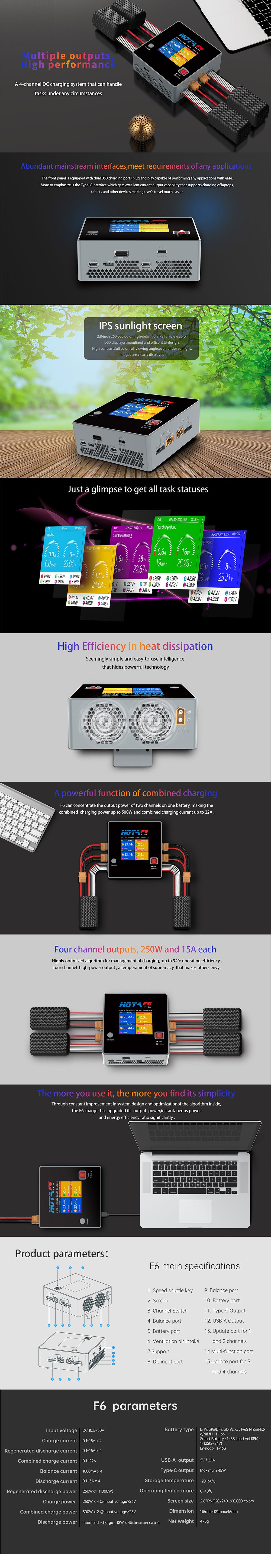 Chargeur intelligent CC Hota F6 250 W 15 A -16 s Quad à quatre canaux LiPo